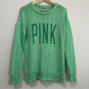 Victoria's Secret PINK Green Marled Crewneck Spell Out Sweater Sz S Oversized